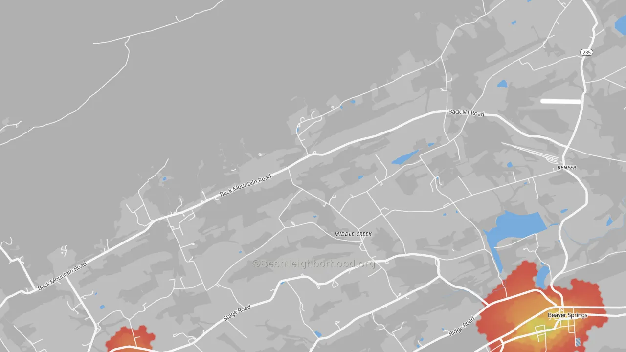 Walk Grade map of Middle Creek, PA, walkable areas in green and car-dependent areas in red