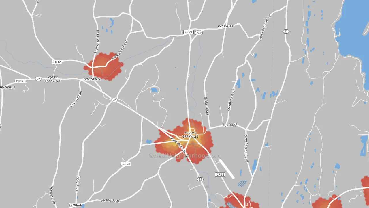 Walk Grade map of Middle Granville, NY, walkable areas in green and car-dependent areas in red