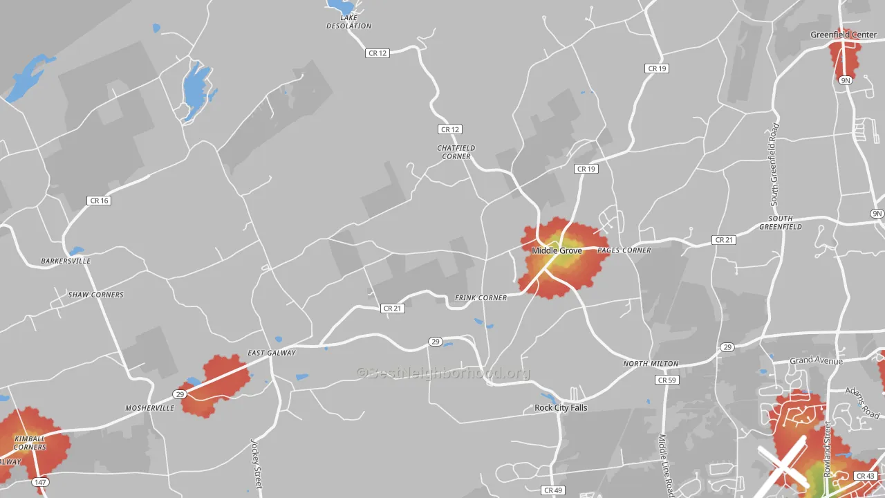 Walk Grade map of Middle Grove, NY, walkable areas in green and car-dependent areas in red