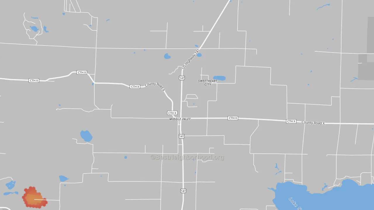 Walk Grade map of Middle Inlet, WI, walkable areas in green and car-dependent areas in red