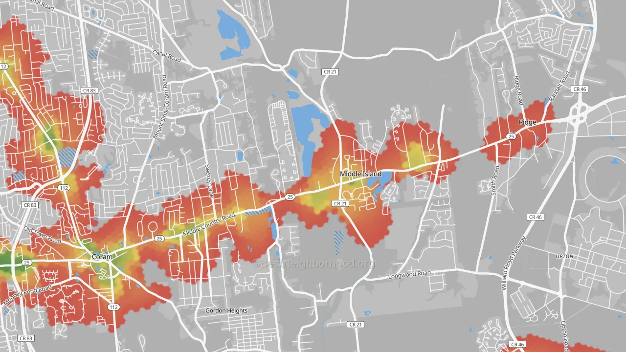 Walk Grade map of Middle Island, NY, walkable areas in green and car-dependent areas in red