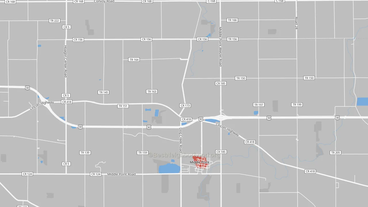 Walk Grade map of Middle Point, OH, walkable areas in green and car-dependent areas in red