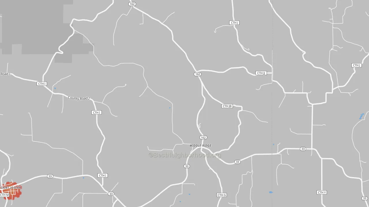 Walk Grade map of Middle Ridge, WI, walkable areas in green and car-dependent areas in red