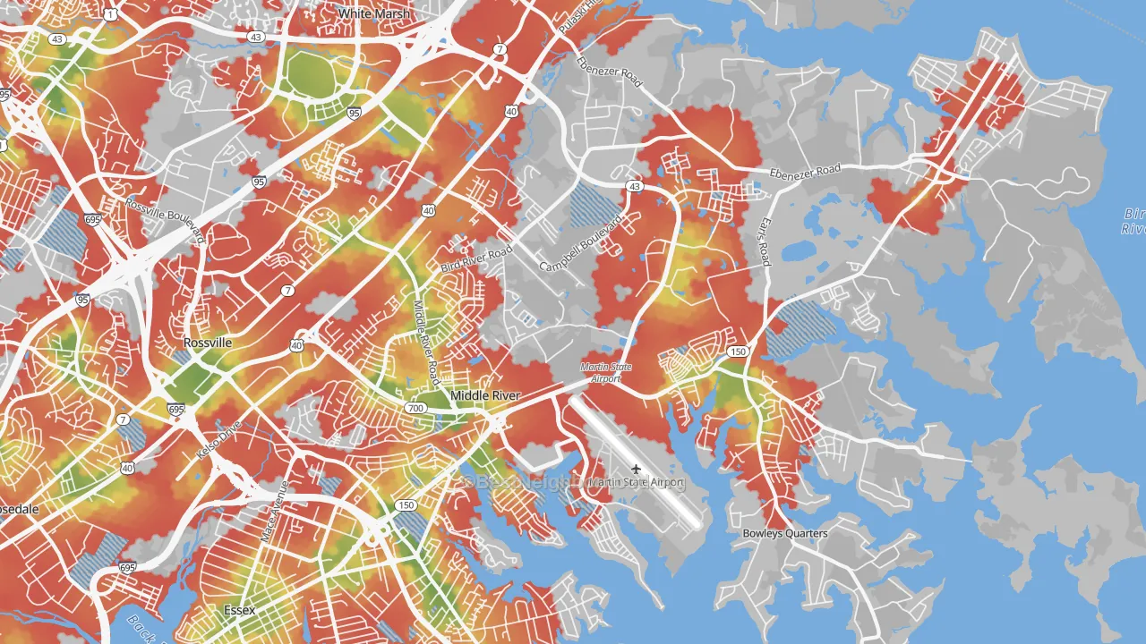 Walk Grade map of Middle River, MD, walkable areas in green and car-dependent areas in red