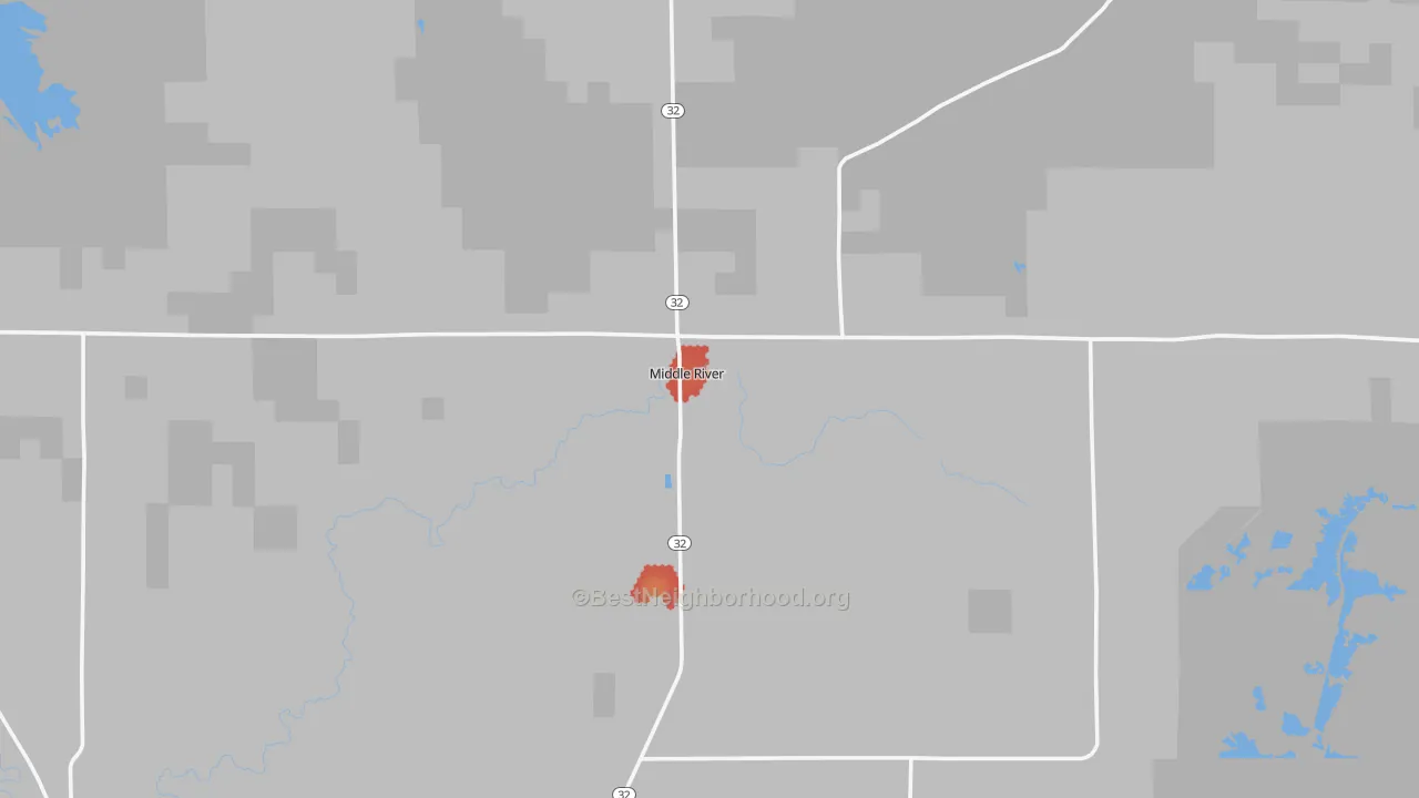 Walk Grade map of Middle River, MN, walkable areas in green and car-dependent areas in red