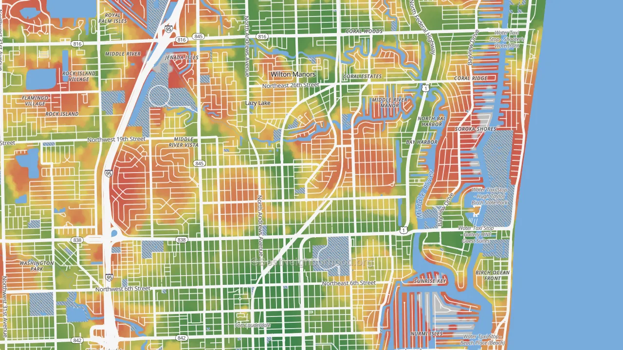 Walk Grade map of Middle River Terrace, Fort Lauderdale, FL, walkable areas in green and car-dependent areas in red
