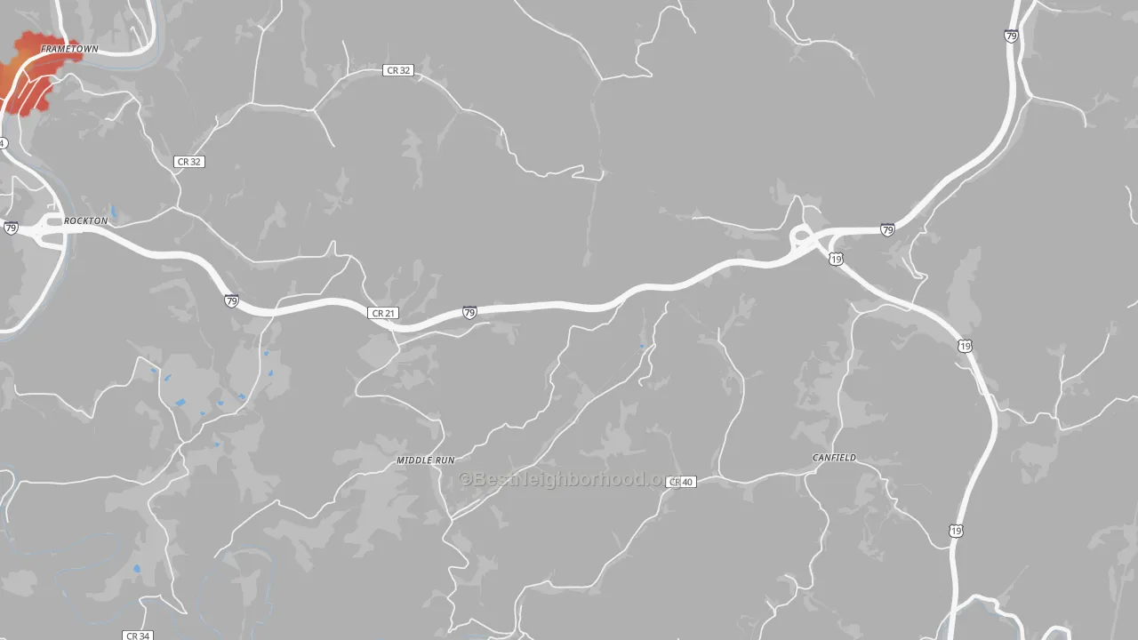 Walk Grade map of Middle Run, WV, walkable areas in green and car-dependent areas in red