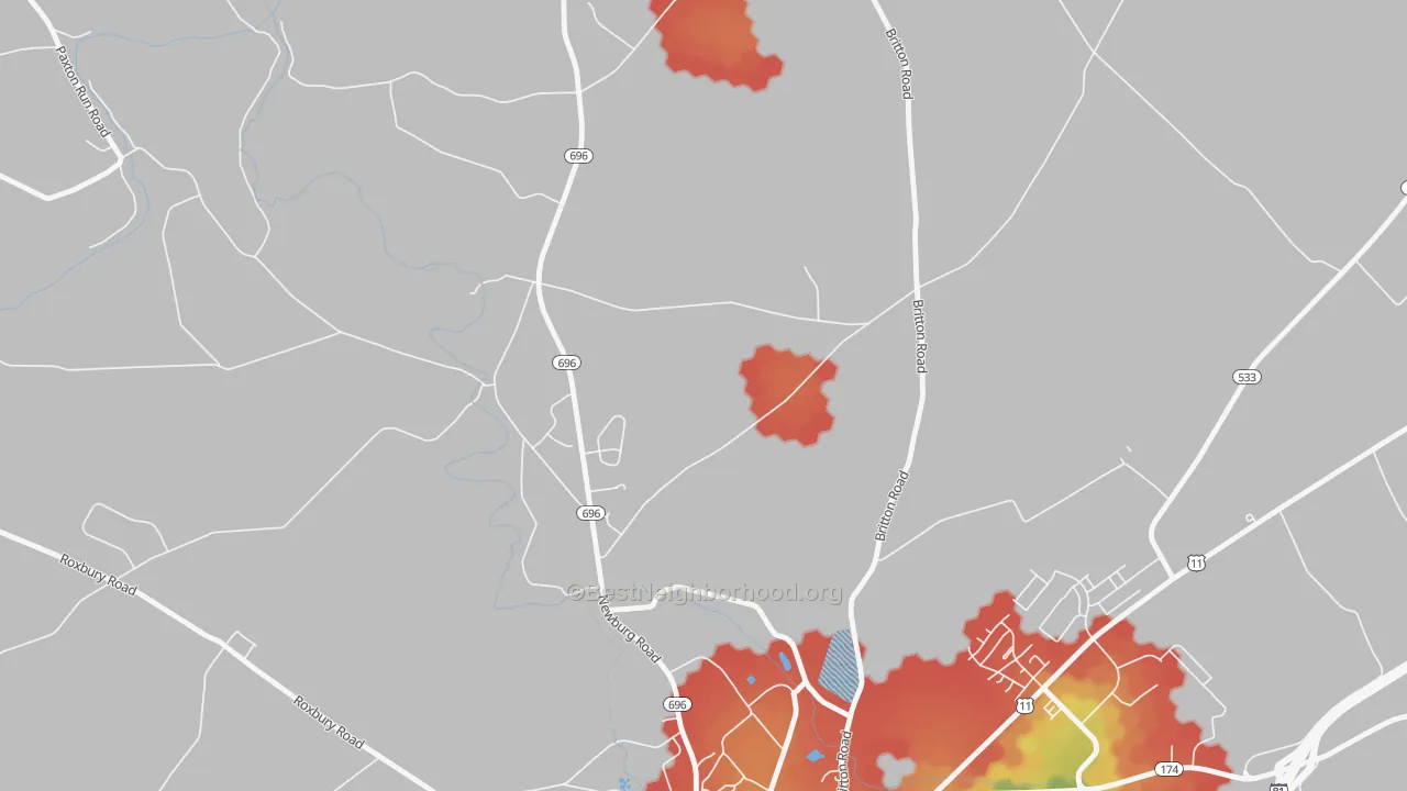 Walk Grade map of Middle Spring, PA, walkable areas in green and car-dependent areas in red