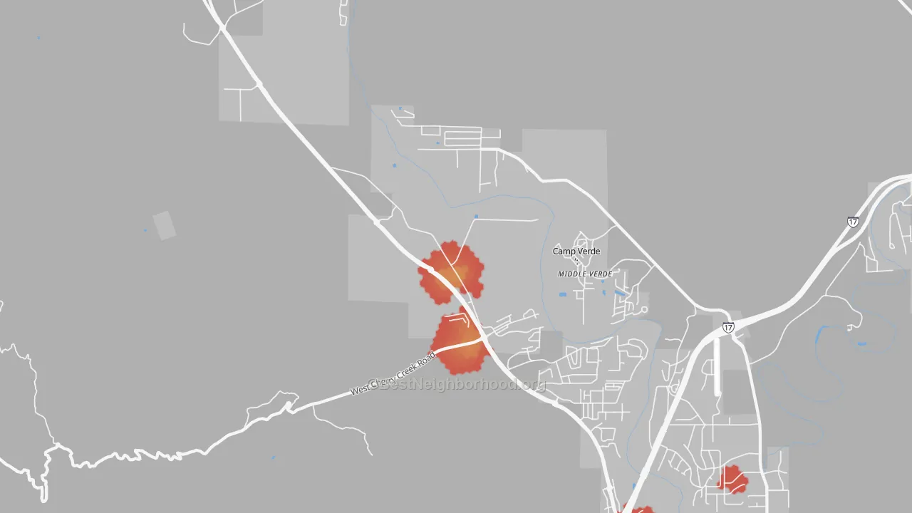 Walk Grade map of Middle Verde, AZ, walkable areas in green and car-dependent areas in red