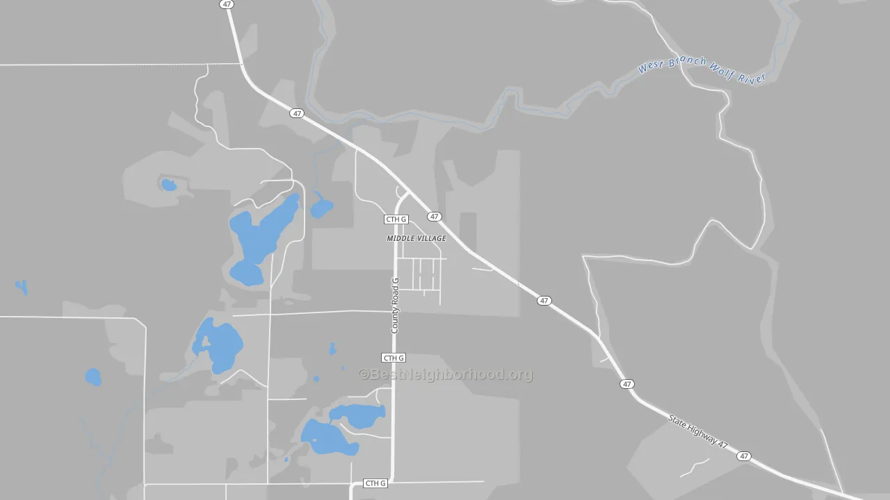 Walk Grade map of Middle Village, WI, walkable areas in green and car-dependent areas in red