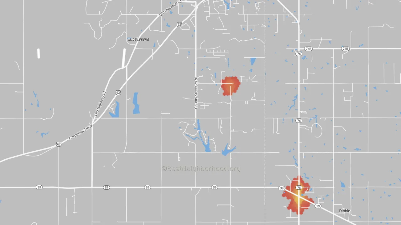 Walk Grade map of Middleberg, OK, walkable areas in green and car-dependent areas in red
