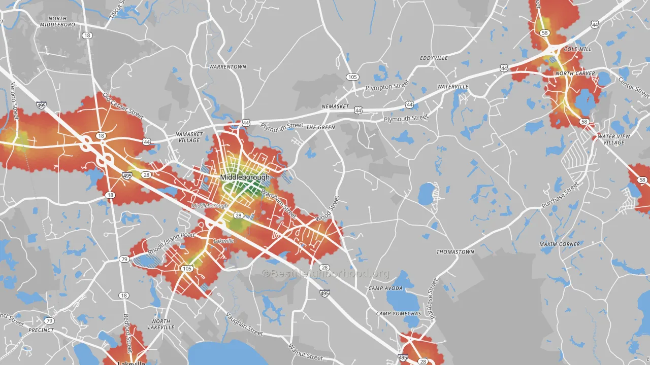 Walk Grade map of Middleboro, MA, walkable areas in green and car-dependent areas in red