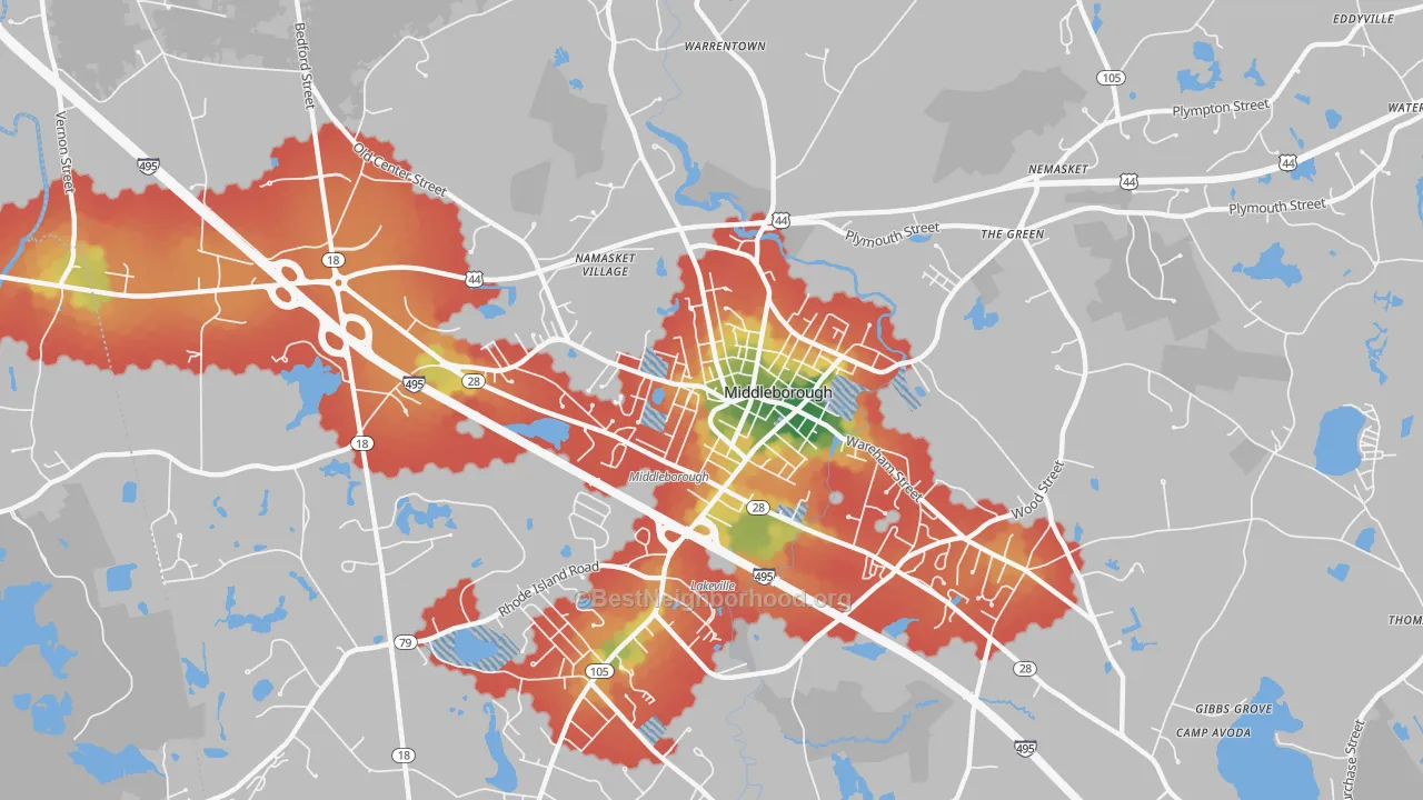 Walk Grade map of Middleborough Center, MA, walkable areas in green and car-dependent areas in red