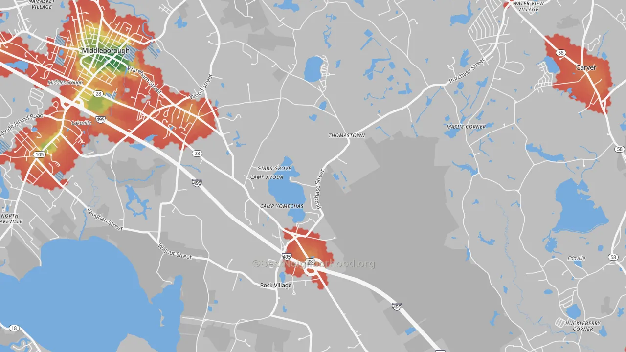 Walk Grade map of Middleborough, MA, walkable areas in green and car-dependent areas in red