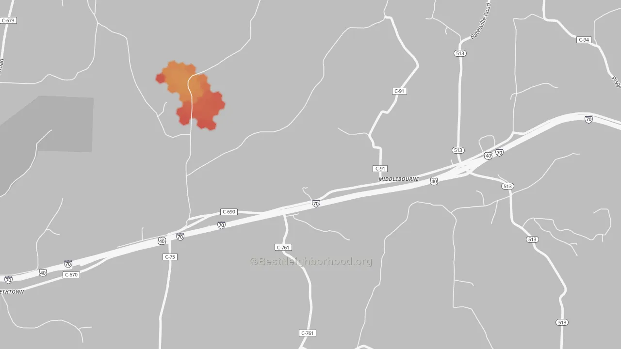 Walk Grade map of Middlebourne, OH, walkable areas in green and car-dependent areas in red