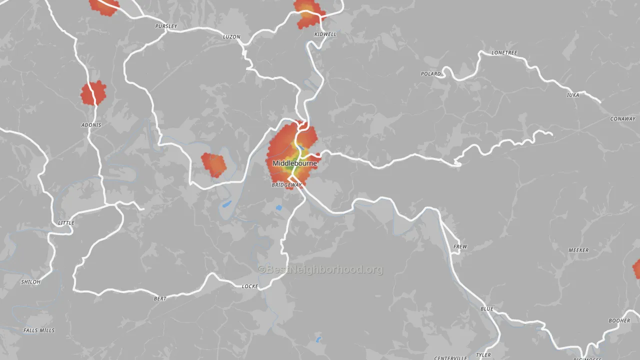 Walk Grade map of Middlebourne, WV, walkable areas in green and car-dependent areas in red