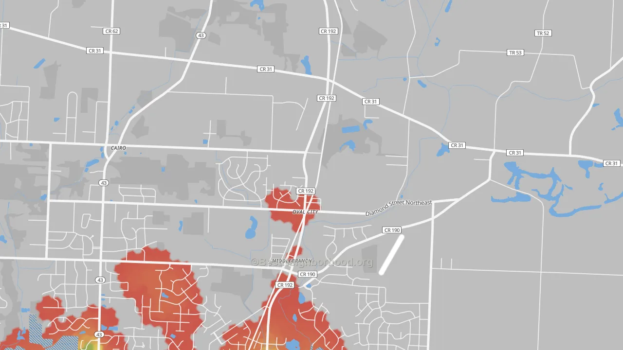 Walk Grade map of Middlebranch, OH, walkable areas in green and car-dependent areas in red