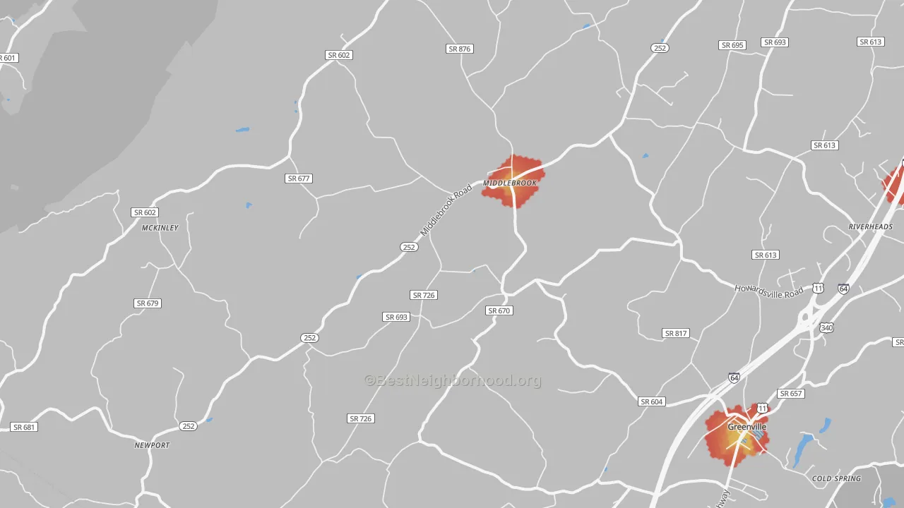 Walk Grade map of Middlebrook, VA, walkable areas in green and car-dependent areas in red
