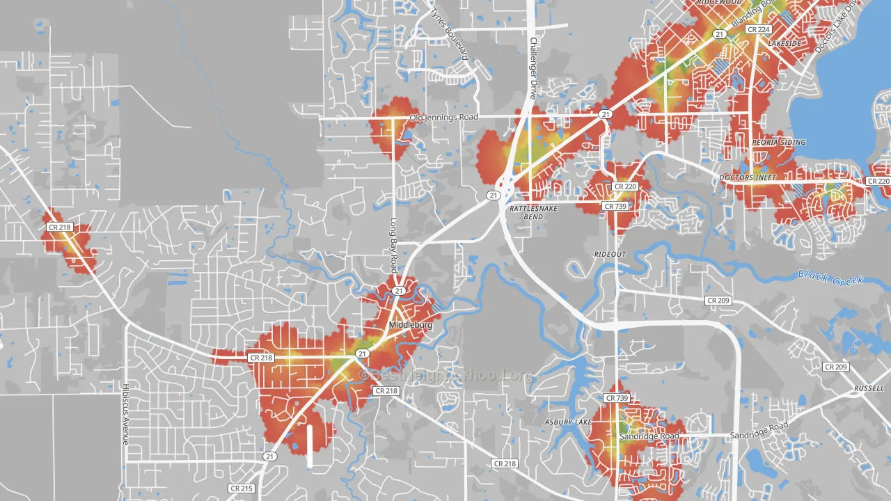 Walk Grade map of Middleburg, FL, walkable areas in green and car-dependent areas in red