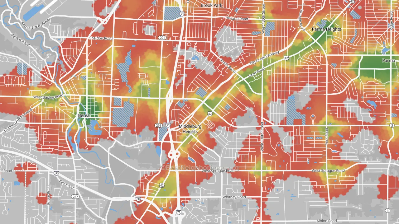 Walk Grade map of Middleburg Heights, OH, walkable areas in green and car-dependent areas in red