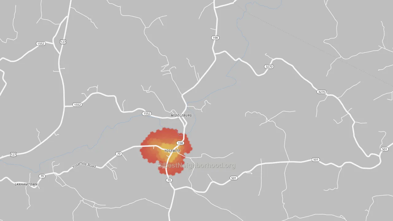 Walk Grade map of Middleburg, KY, walkable areas in green and car-dependent areas in red
