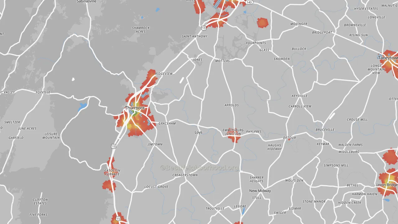 Walk Grade map of Middleburg, MD, walkable areas in green and car-dependent areas in red
