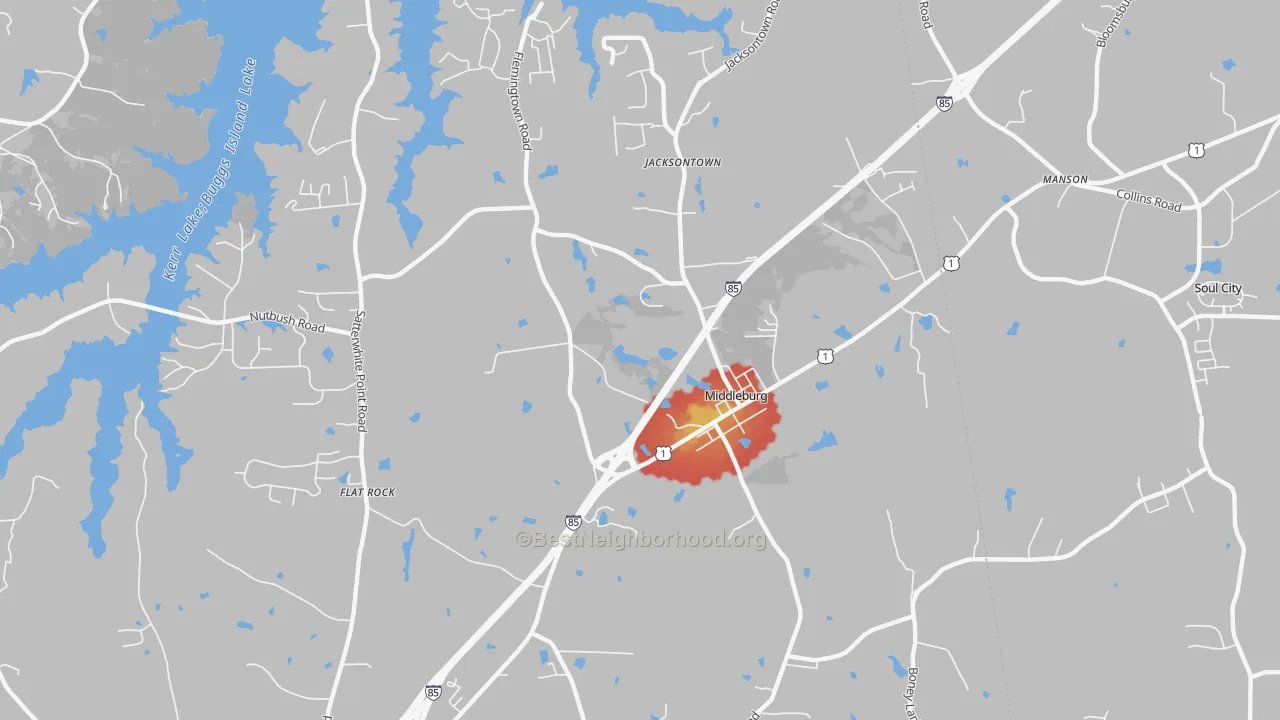 Walk Grade map of Middleburg, NC, walkable areas in green and car-dependent areas in red