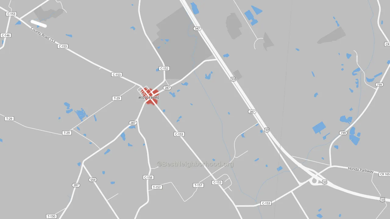 Walk Grade map of Middleburg, OH, walkable areas in green and car-dependent areas in red