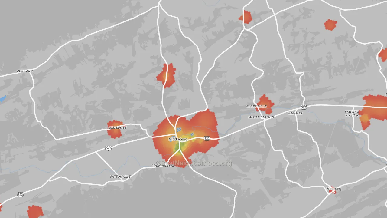 Walk Grade map of Middleburg, PA, walkable areas in green and car-dependent areas in red