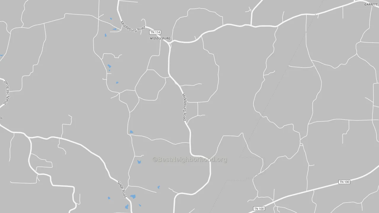 Walk Grade map of Middleburg, TN, walkable areas in green and car-dependent areas in red