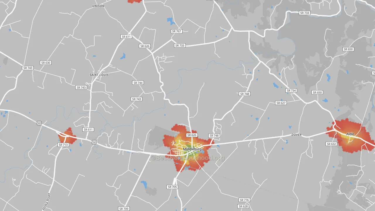 Walk Grade map of Middleburg, VA, walkable areas in green and car-dependent areas in red
