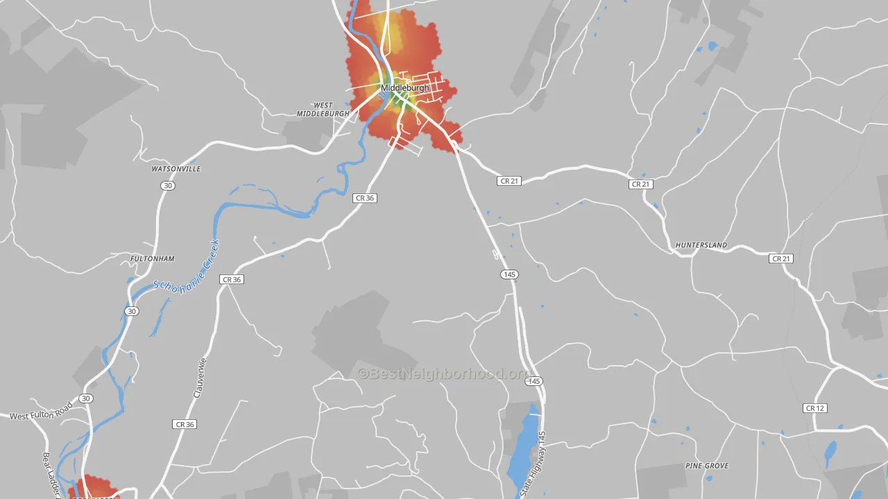Walk Grade map of Middleburgh, NY, walkable areas in green and car-dependent areas in red