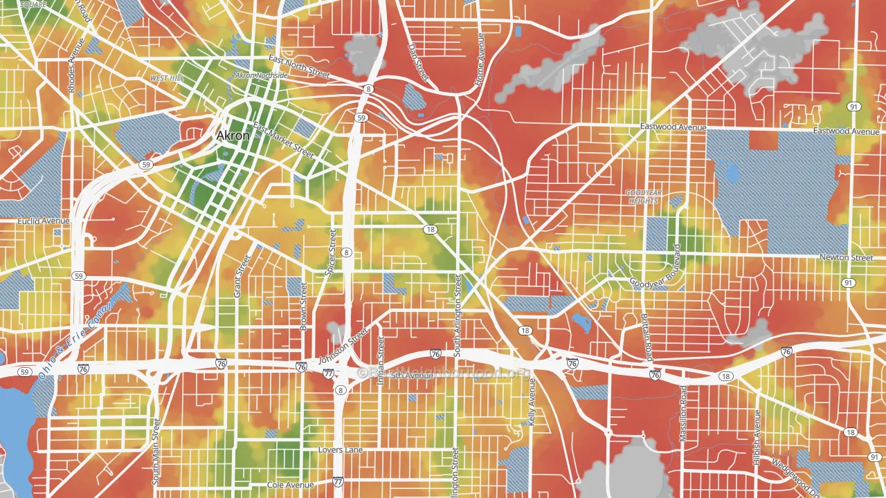 Walk Grade map of Middlebury, Akron, OH, walkable areas in green and car-dependent areas in red