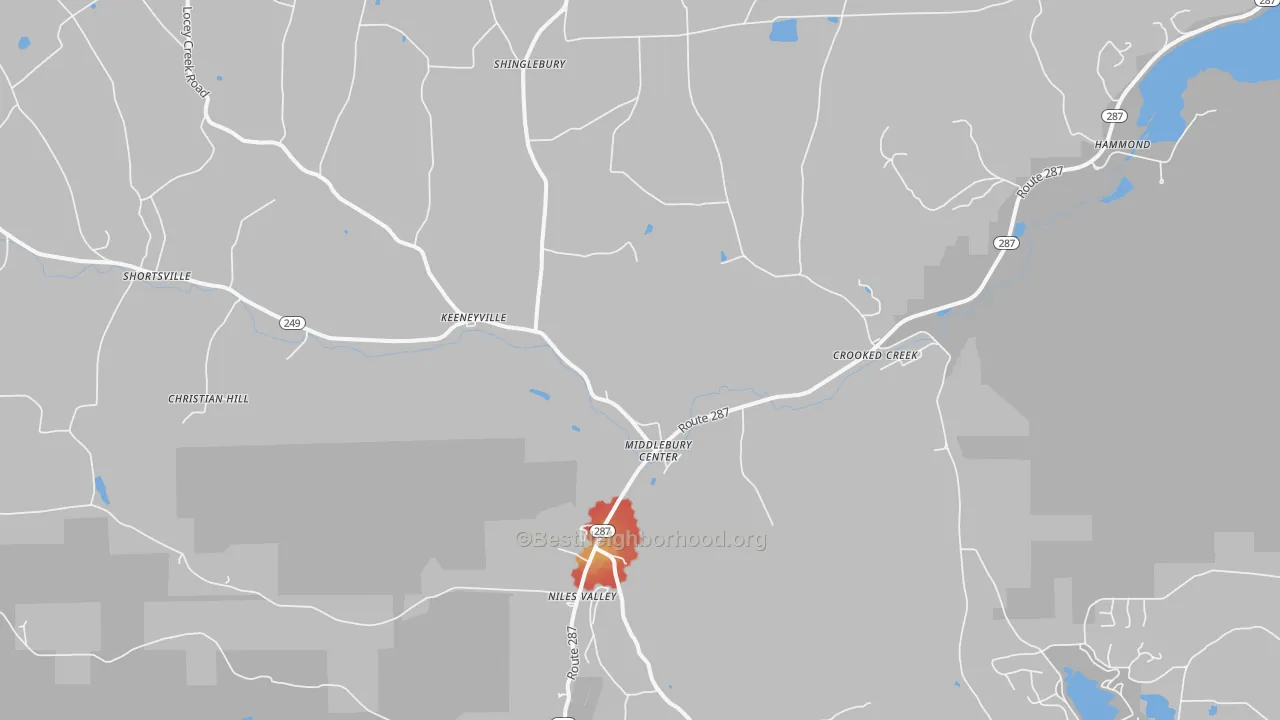 Walk Grade map of Middlebury Center, PA, walkable areas in green and car-dependent areas in red