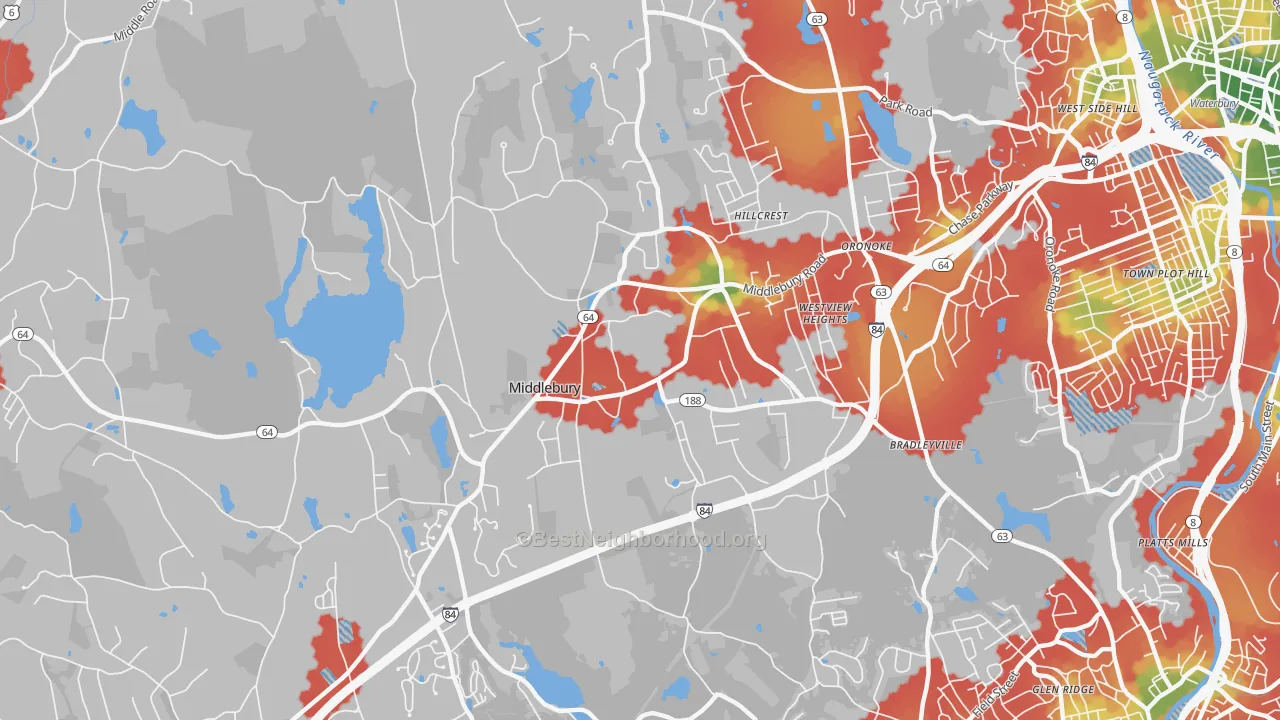 Walk Grade map of Middlebury, CT, walkable areas in green and car-dependent areas in red