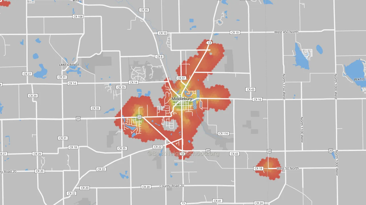 Walk Grade map of Middlebury, IN, walkable areas in green and car-dependent areas in red