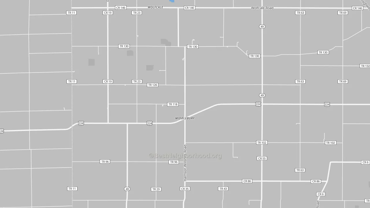 Walk Grade map of Middlebury, OH, walkable areas in green and car-dependent areas in red