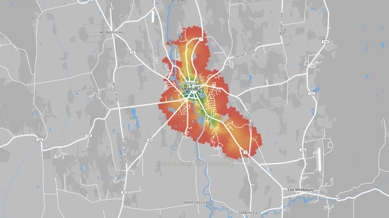 Walk Grade map of Middlebury, VT, walkable areas in green and car-dependent areas in red