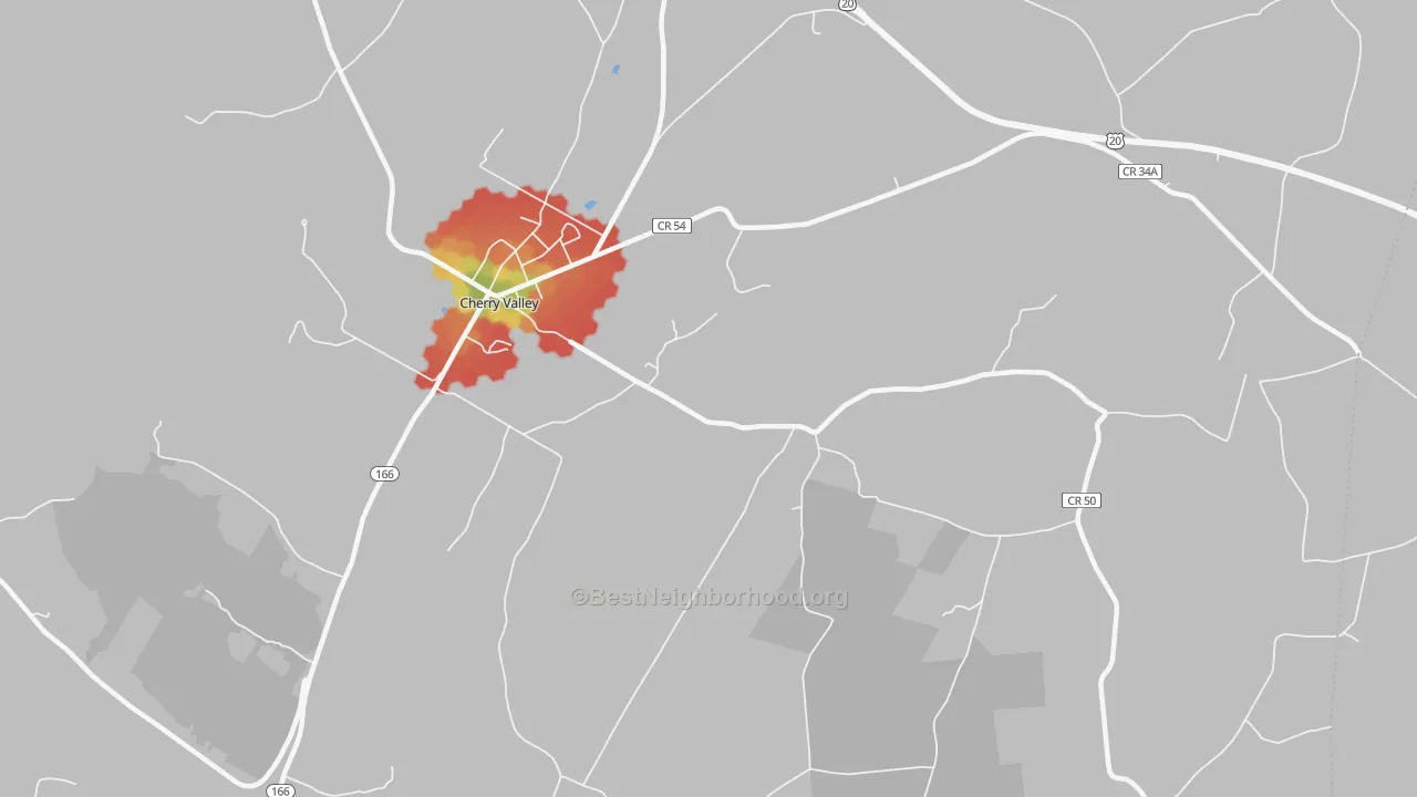 Walk Grade map of Middlefield Center, NY, walkable areas in green and car-dependent areas in red