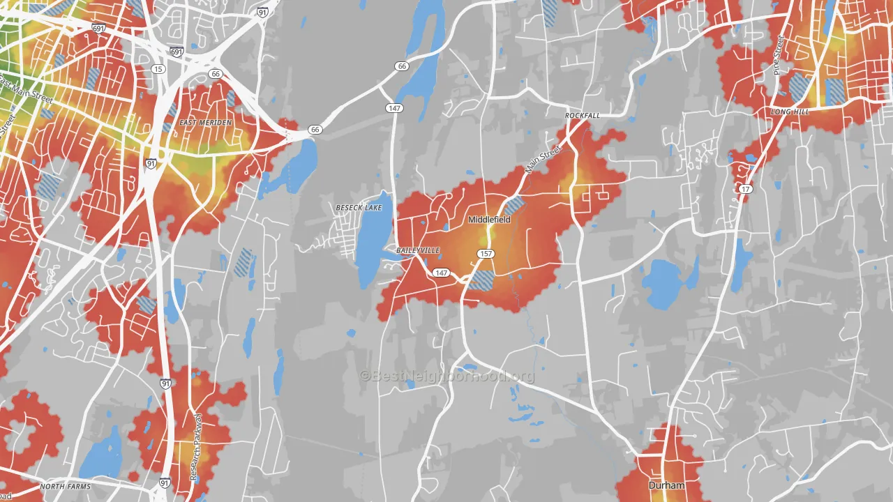 Walk Grade map of Middlefield, CT, walkable areas in green and car-dependent areas in red