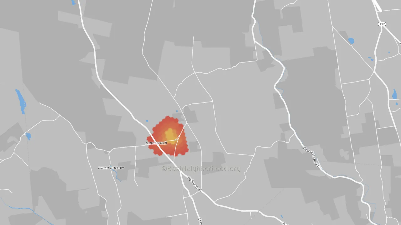 Walk Grade map of Middlefield, MA, walkable areas in green and car-dependent areas in red