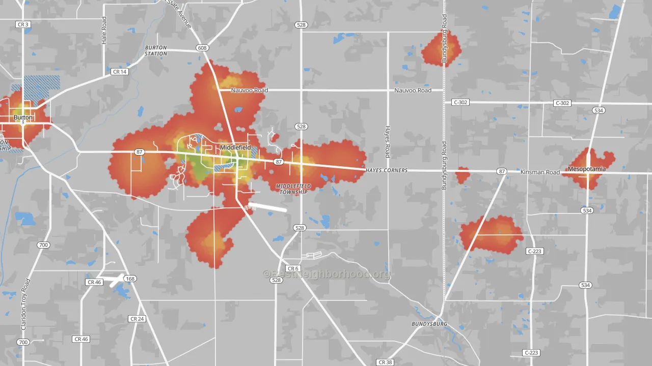 Walk Grade map of Middlefield, OH, walkable areas in green and car-dependent areas in red