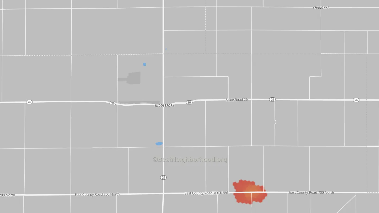 Walk Grade map of Middlefork, IN, walkable areas in green and car-dependent areas in red