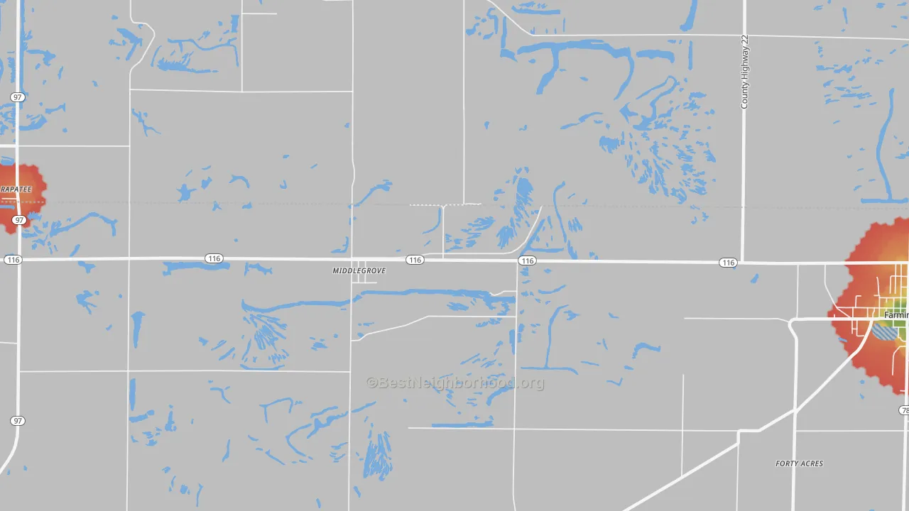 Walk Grade map of Middlegrove, IL, walkable areas in green and car-dependent areas in red