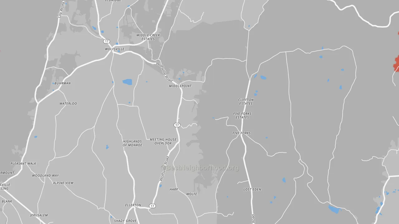 Walk Grade map of Middlepoint, MD, walkable areas in green and car-dependent areas in red