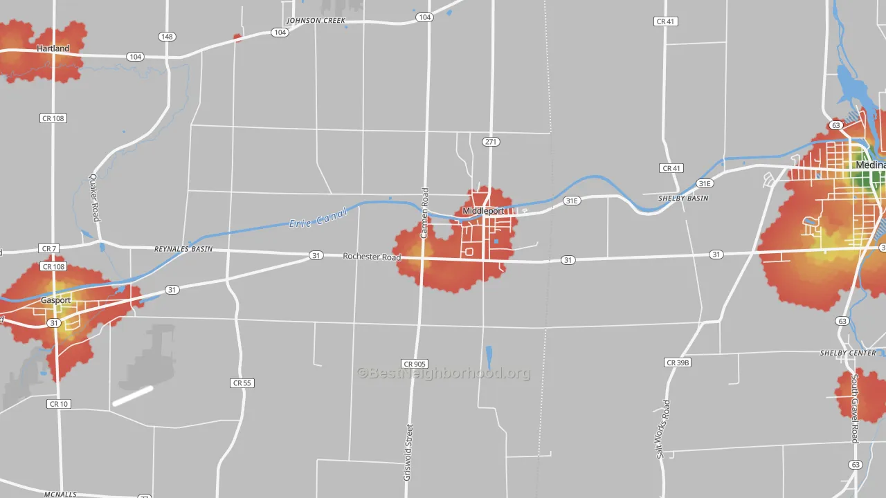 Walk Grade map of Middleport, NY, walkable areas in green and car-dependent areas in red