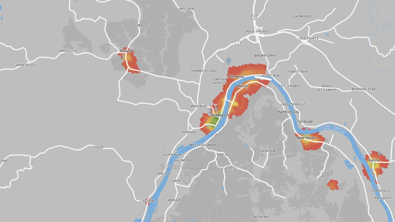 Walk Grade map of Middleport, OH, walkable areas in green and car-dependent areas in red