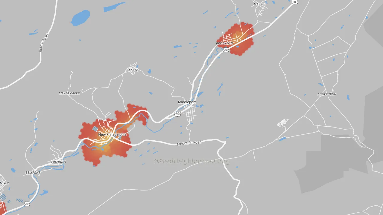 Walk Grade map of Middleport, PA, walkable areas in green and car-dependent areas in red