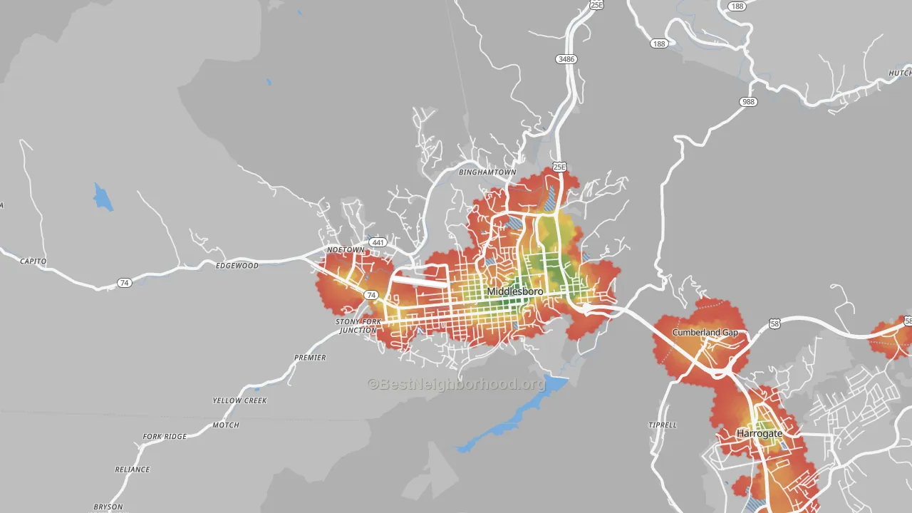 Walk Grade map of Middlesboro, KY, walkable areas in green and car-dependent areas in red