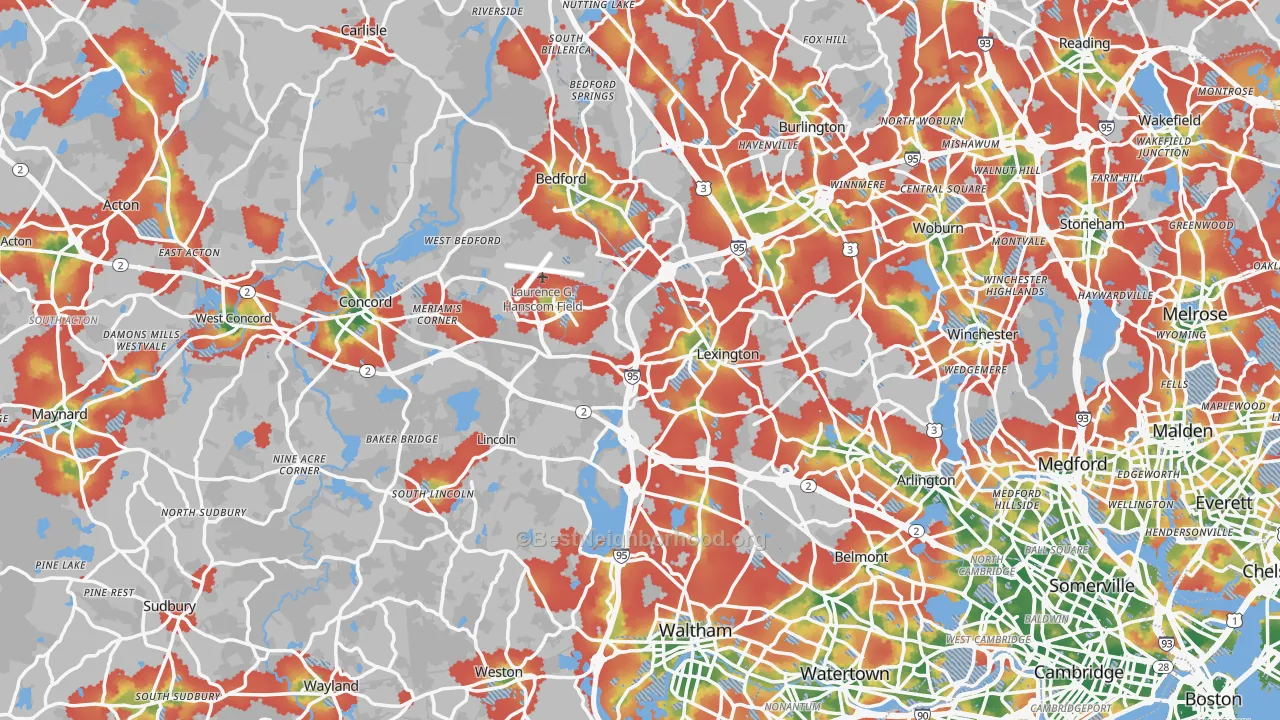 Walk Grade map of Middlesex County, MA, walkable areas in green and car-dependent areas in red